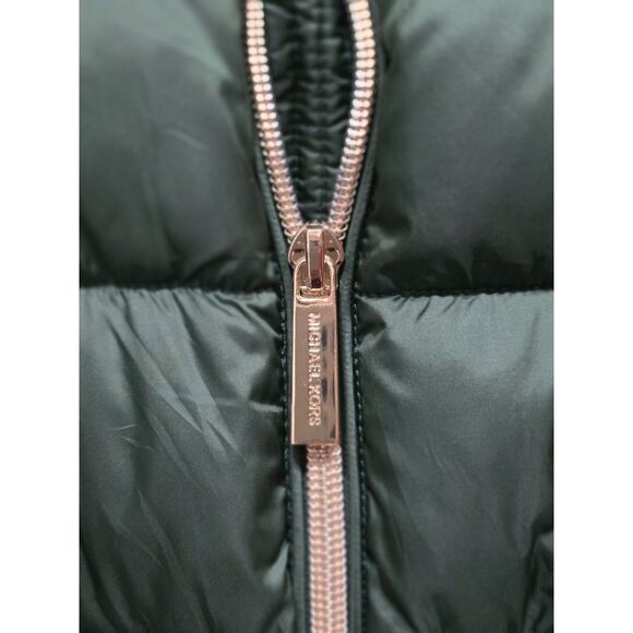 Michael Kors Green Longline Belted Puffer Coat Removable Faux Fur Collar Size M - Picture 6 of 16